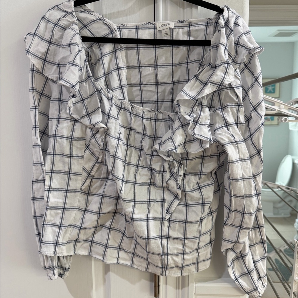 J. Crew Women's White and Black Plaid Ruffle Blouse